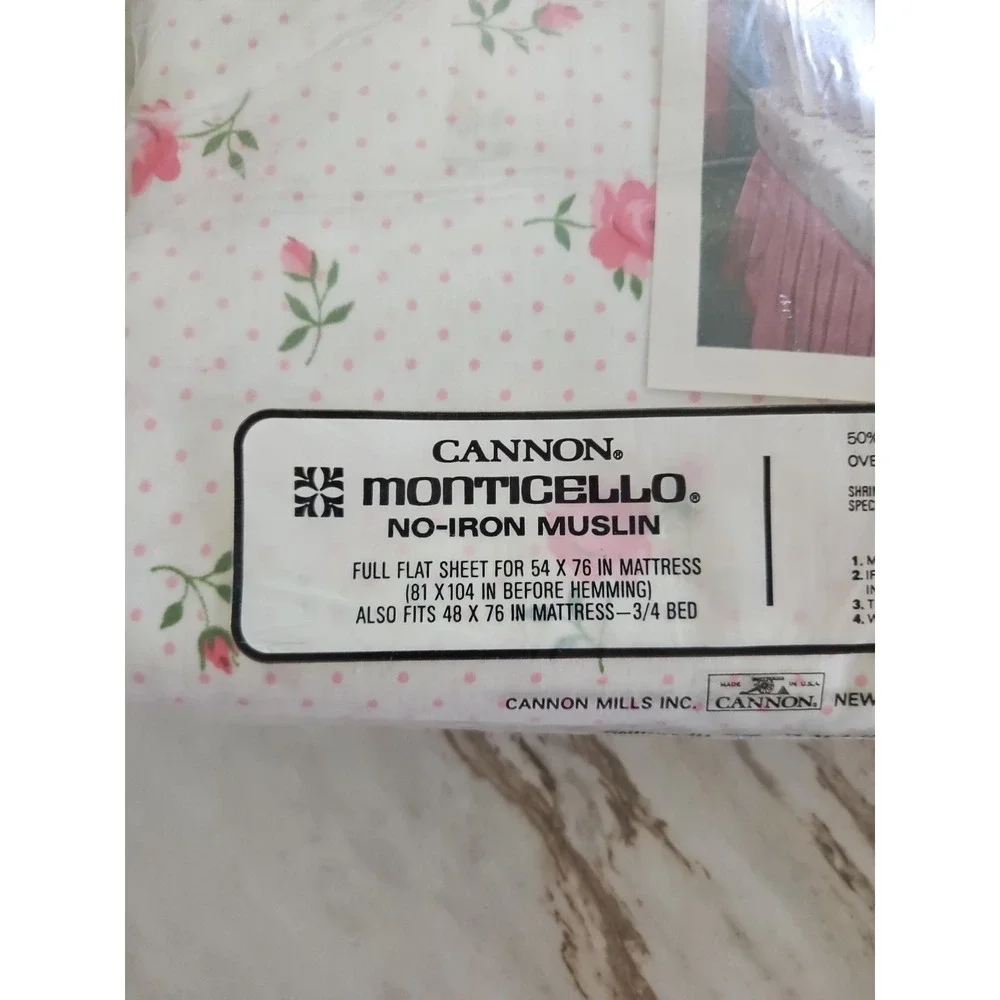 VTG Cannon Monticello PINK Rose Dream Polka Dot No Iron Muslin Full FLAT Sheet